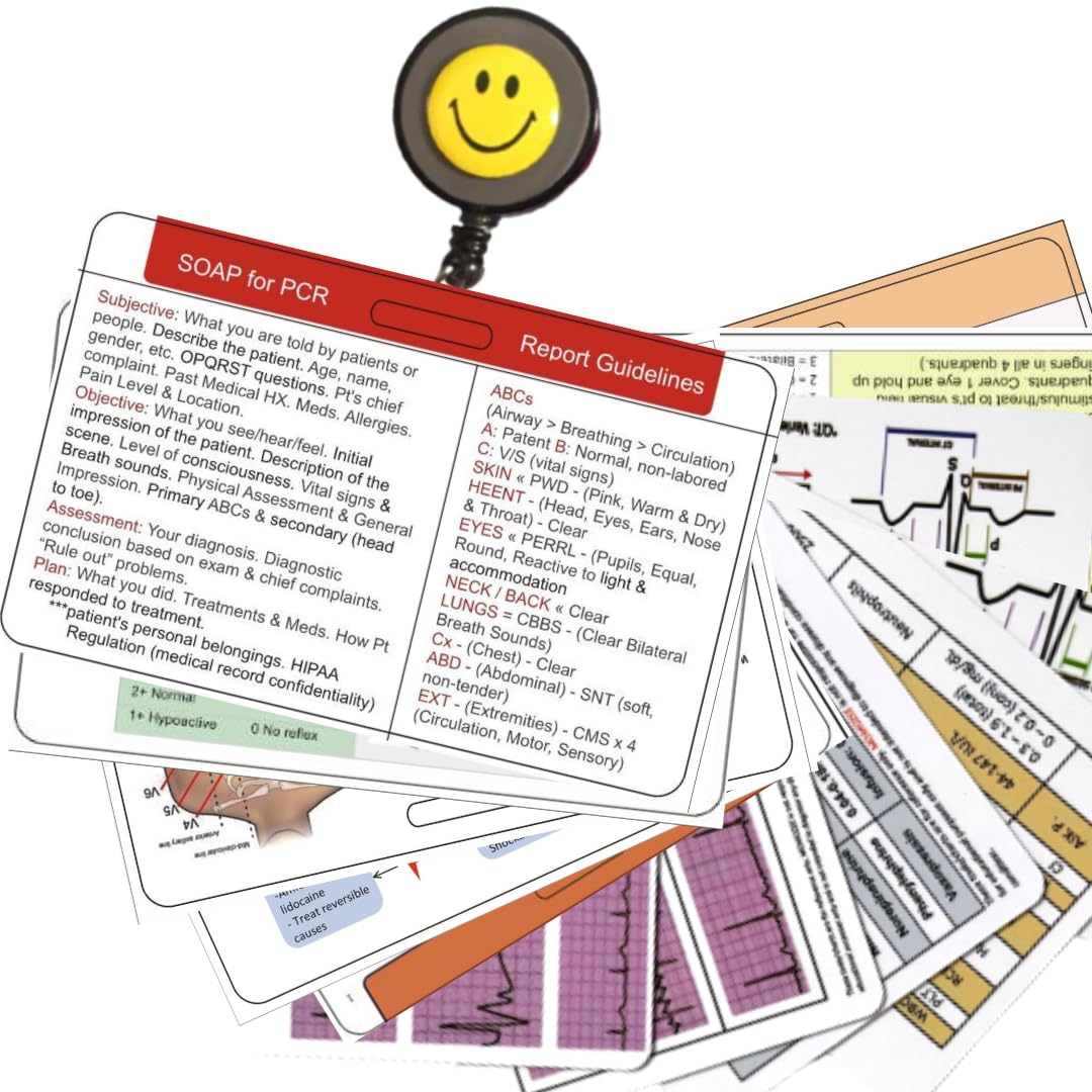 EMT/EMS/Paramedics/EMS Student Badge ID 15 Card Set. Complete Assessment/Report/Reference Pocket Card/EKG/CPR/BLS/ACLS/Neuro/Burn,V/S,Pediatric/Stroke (15 Cards).