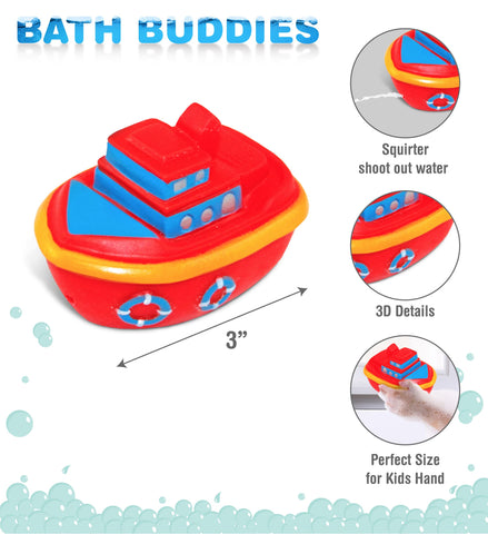 DolliBu Ship Bath Buddy Squirter - Floating Orange Ship Rubber Bath Toy, Fun Water Squirting Bathtime Play for Toddlers, Cute and Soft Watercrafts Toy for The Bathtub, Beach and Pool for Boys & Girls