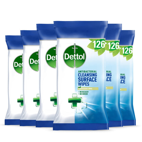 Dettol Antibacterial Cleaning Disinfectant Wipes, Biodegradable, Multipack of 6 x 126, Total 756 Wipes