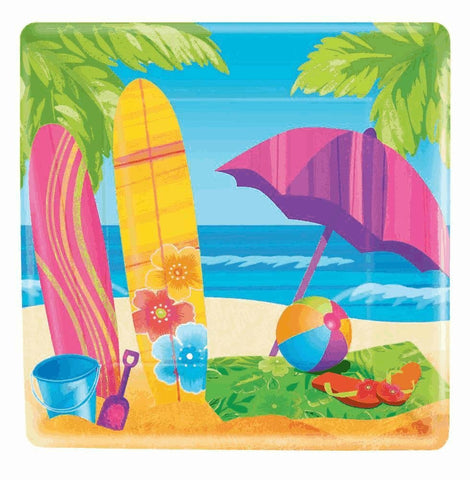 Surf's Up Paper Dinner Plates Hawaiian Summer Beach Party Disposable Tableware, Square, 10", Pack of 8.