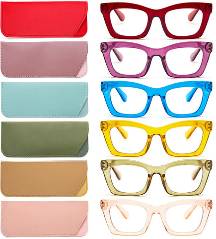 REAVEE 6 Pack Oprah Style Reading Glasses for Women Men Blue Light Blocking, Cute Square Computer Readers Spring Hinge 2.75