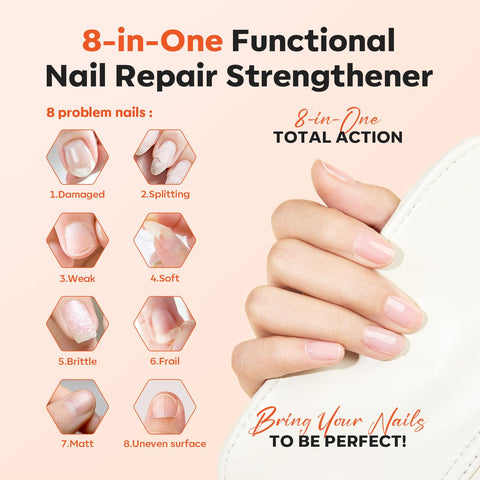 Modelones Nail Care 8 in one Ridge Filling Strengthener Treatment, Nail Polish Strengthener for Damaged and Weak Nails, Nail Hardener Extra Strong and Growth Smoothing Base Coat White Nail 15ml