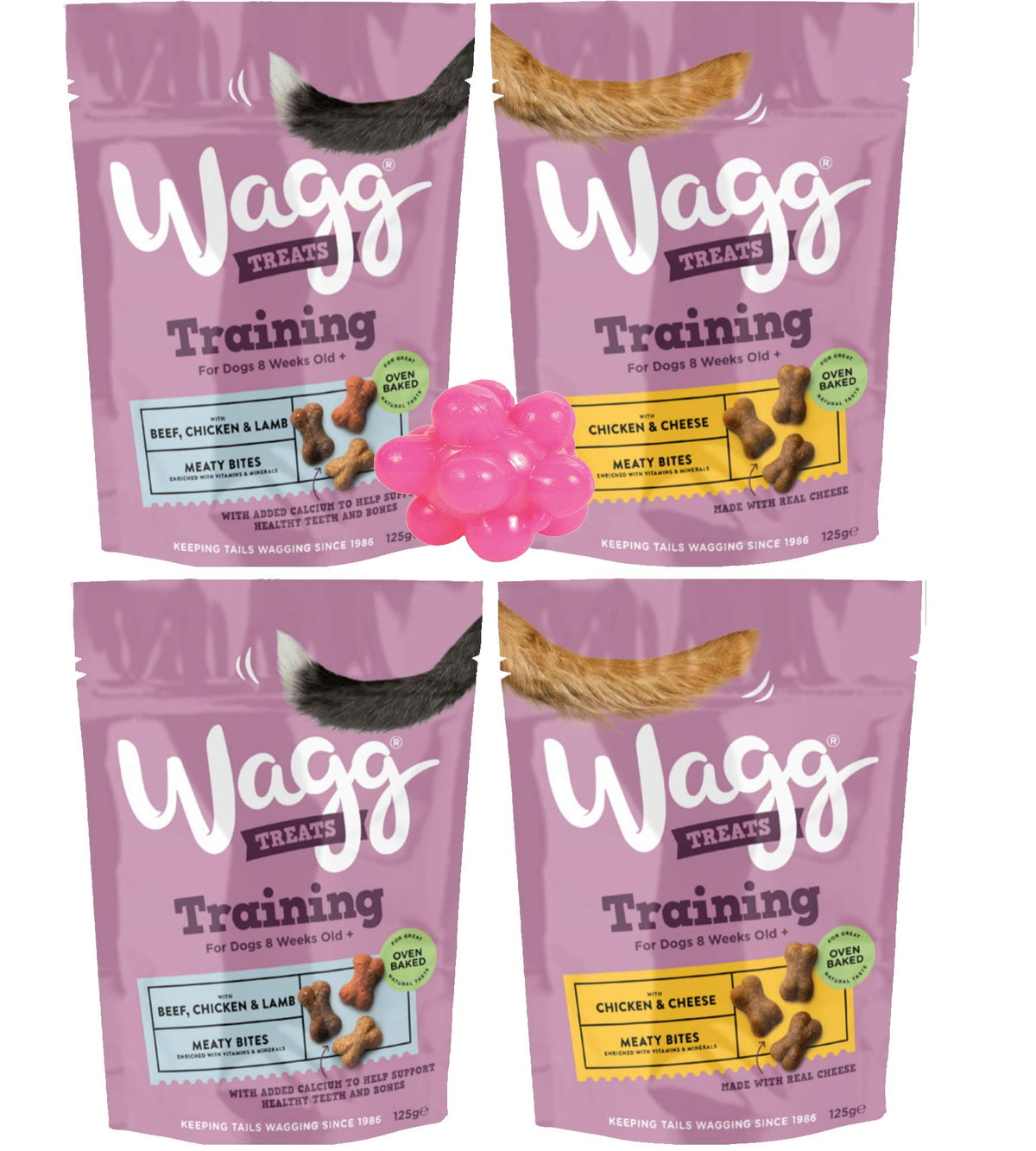 Treats Wagg Training for Dogs MIX PACK (2 x125g Chicken, Beef & Lamb and 2x125g Chicken & Cheese) and small toy