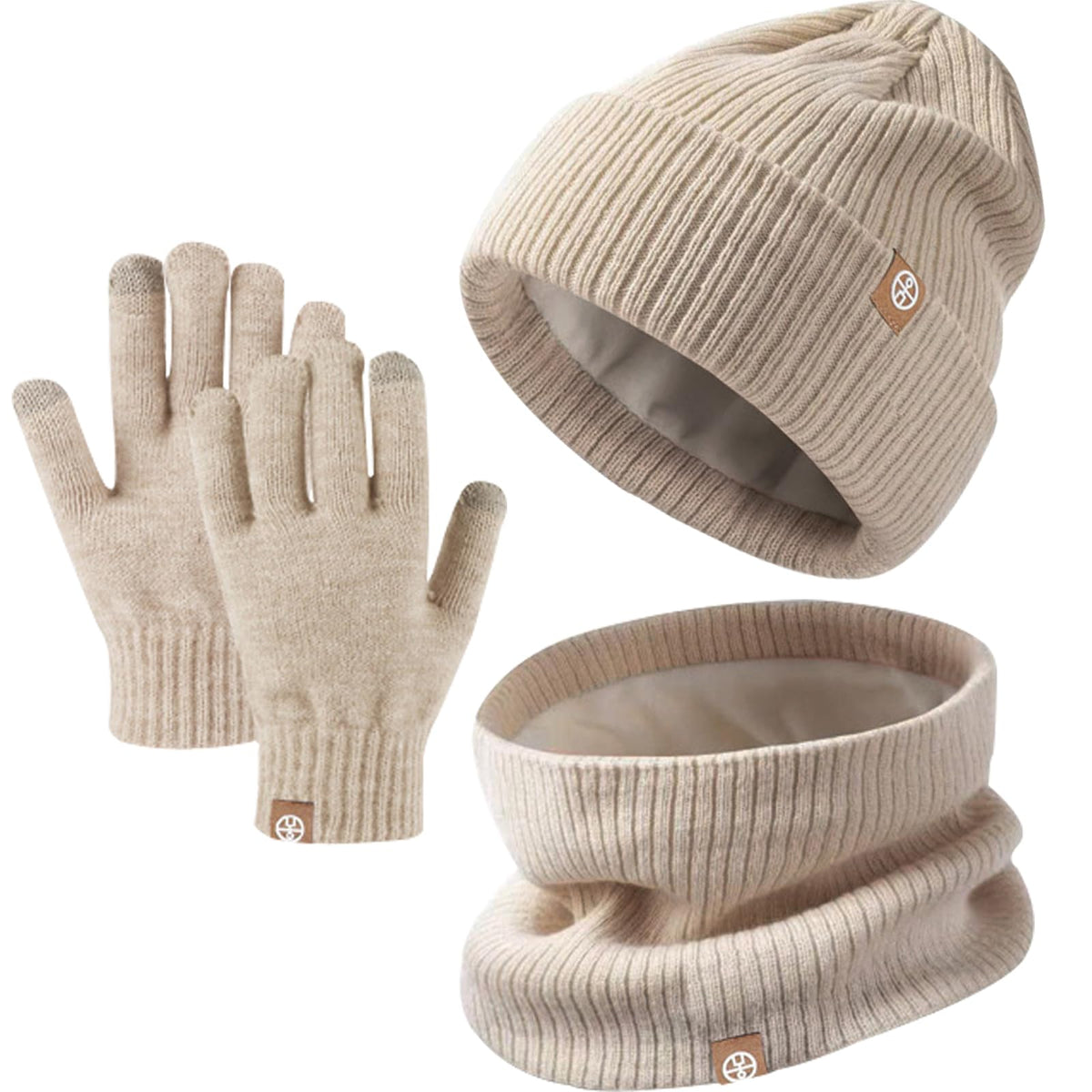Enwokran Kids Winter Hat Scarf Gloves Set - Warm Thermal Knitted Beanie Cap Snood Neck Warmer Touchscreen Mitten Soft Fleece Lining Elastic for Children Aged 5-12 Outdoor Sports (Khaki)