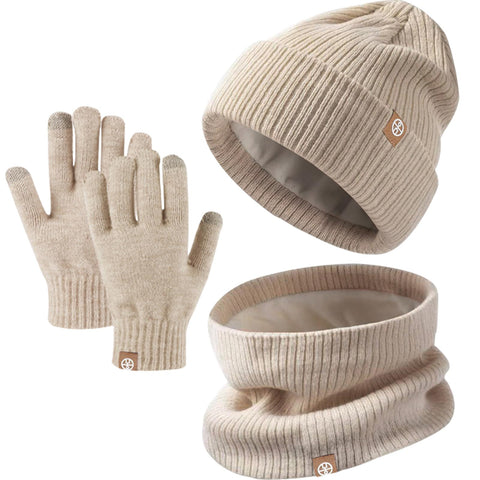 Enwokran Kids Winter Hat Scarf Gloves Set - Warm Thermal Knitted Beanie Cap Snood Neck Warmer Touchscreen Mitten Soft Fleece Lining Elastic for Children Aged 5-12 Outdoor Sports (Khaki)