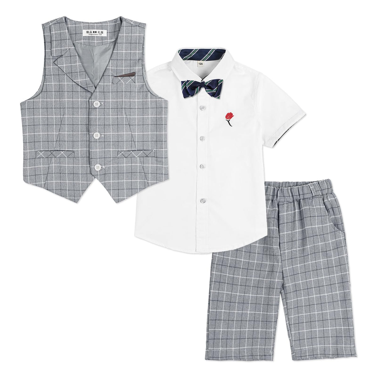 LOLANTA 4-Piece Kids Waistcoat Suit, Boys Wedding Party Shorts Set, Page Boy Outfit, Shirt, Bow Tie, Shorts, Waistcoat, Grey Check, 5-6 Years, 130
