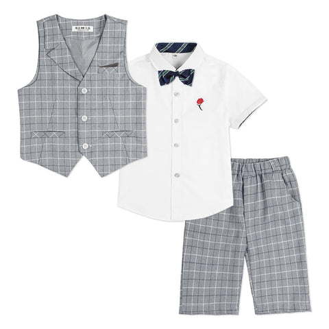 LOLANTA 4-Piece Kids Waistcoat Suit, Boys Wedding Party Shorts Set, Page Boy Outfit, Shirt, Bow Tie, Shorts, Waistcoat, Grey Check, 5-6 Years, 130