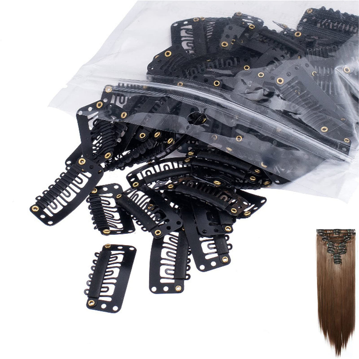 Hair Extension Clips, Metal Snap Clips for Hair Extensions and Wefts, Wig Clips Snap Clips U-shape with Soft Rubber, Hair Wig Clip for Hair Extensions DIY (BLACK)
