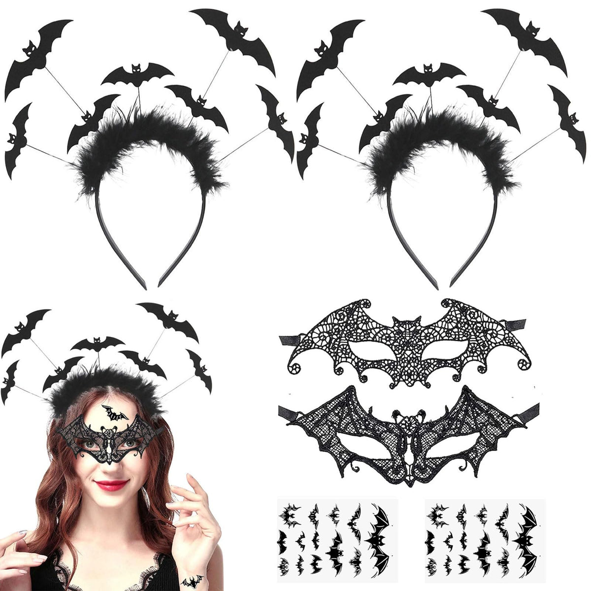 Halloween Headband Set, Bat Headband, Halloween Mask, Eye Mask, Hair Accessories, Headband with Bat Tattoos Stickers, Bat Hair Band Accessories for Women and Children, Pack of 6