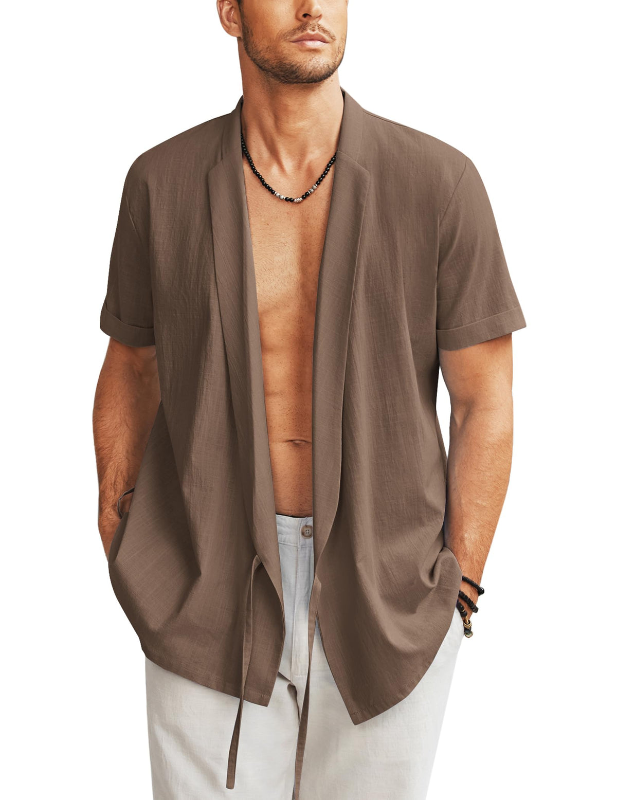 COOFANDY Kimono Men Casual Linen Open Front Cardigan Brown Japanese Style Kimono Robe Loose Fit