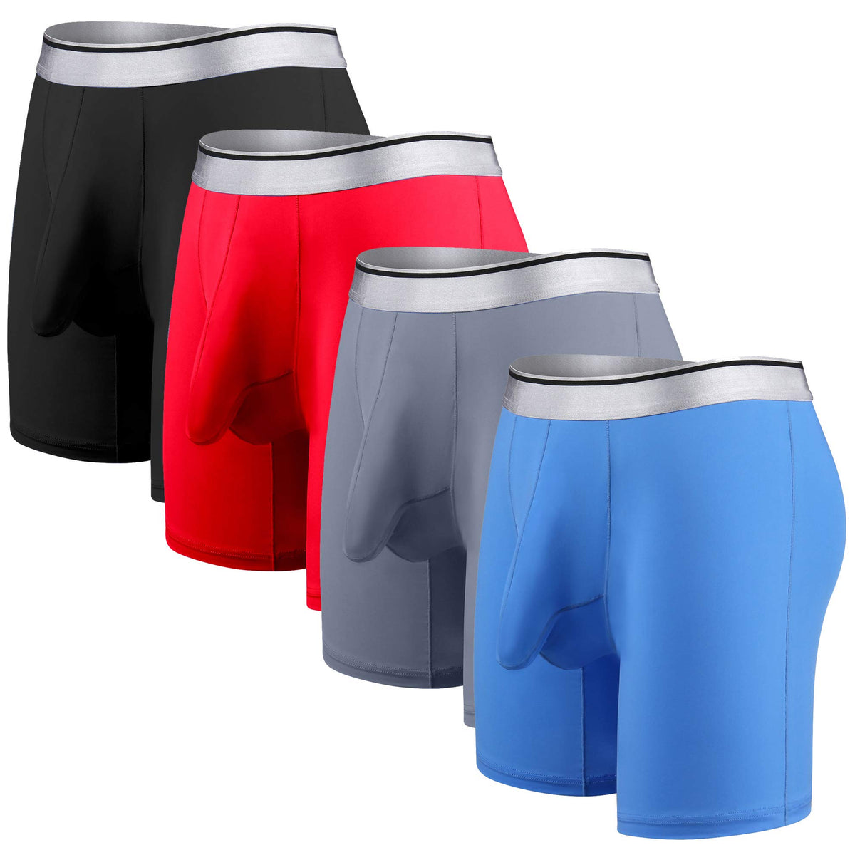 Ouruikia Men's Underwear Silky Smooth Boxer Briefs Long Leg Quick Dry Boxer Briefs with Separate Pouch (Black/Grey/Blue/Red (4 Pack), XX-Large)