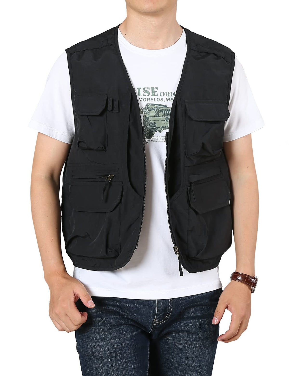 Flygo Men's Utility Cargo Vest Outdoor Summer Work Photo Fishing Safari Travel Vest Jacket with Pockets(01Black-XS)