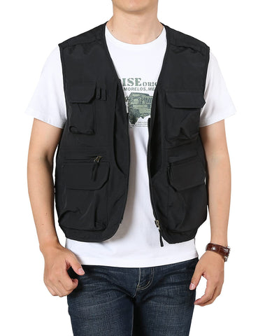 Flygo Men's Utility Cargo Vest Outdoor Summer Work Photo Fishing Safari Travel Vest Jacket with Pockets(01Black-XS)
