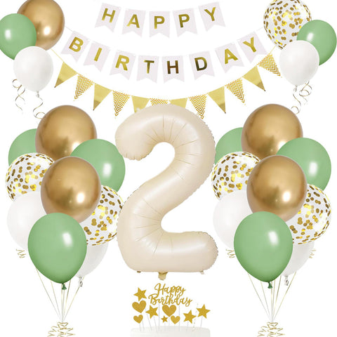 2nd Birthday Decorations for Boy Girl,2nd Birthday Balloons with Number 2 Foil Balloon Sage Greem White Gold Balloons Happy Birthday Banner Birthday Cake Topper for 2nd Party Decoration