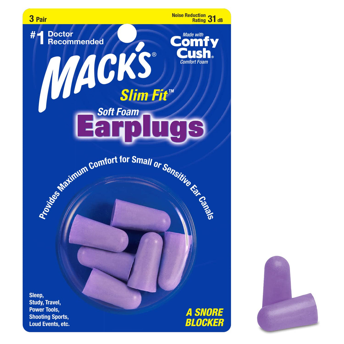 Mack's Slim Fit Ear Plugs (3 Pair) - Purple