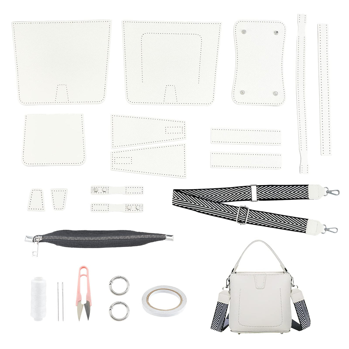 WADORN 23pcs DIY PU Leather Craft Bag Making Tool Kit, Knitting Crochet Bag Sewing Material Handmade Bucket Bag Purse Making Shoulder Bags All Accessories, 7.8Ã—7.4 Inch(White)