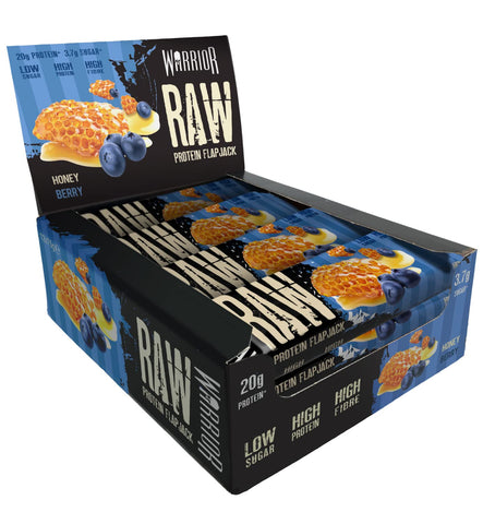 Warrior Raw Protein Flapjacks - 12 Bars x 75g Each - Packed with 20g of Protein - Low Sugar, High in Fibre (Honey Berry)