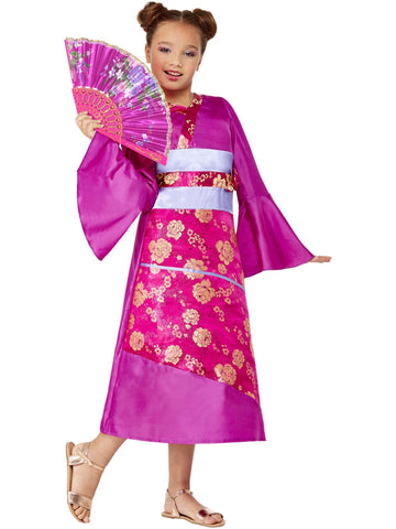 Smiffys Geisha Costume, Purple Dress & Fan, Girls Fancy Dress, Around The World Dress Up Costumes