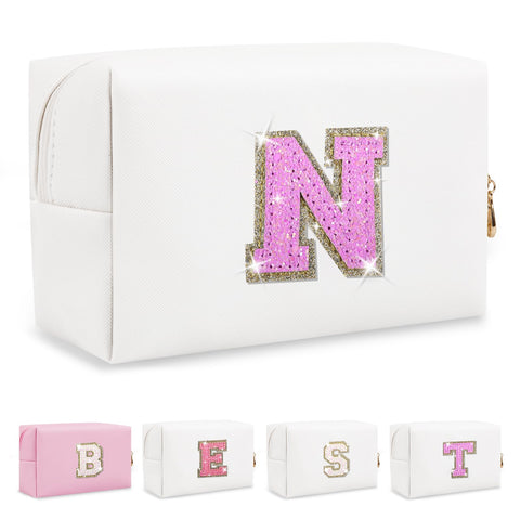 Small Personalized Initial A-Z Makeup Bag, Preppy Cute White PU Leather Glitter Letter Cosmetic Zipper Pouch, Waterproof Travel Toiletry Storage Monogram Make Up Bag Mother's Day Gift for Women Girl,N