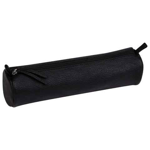 Clairefontaine - Ref 8325C - Cuir Aged Leather Round Pencil Case - 22cm x 5.5cm, Made From Genuine Lambskin Leather, Metal Zip With Leather Puller - Black