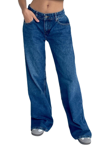 LSFYSZD Women Wide Leg Jeans Low Waist Baggy Jeans Loose Boyfriends Trousers Denim Pants Y2K 90s Streetwear (Dark Blue, M)