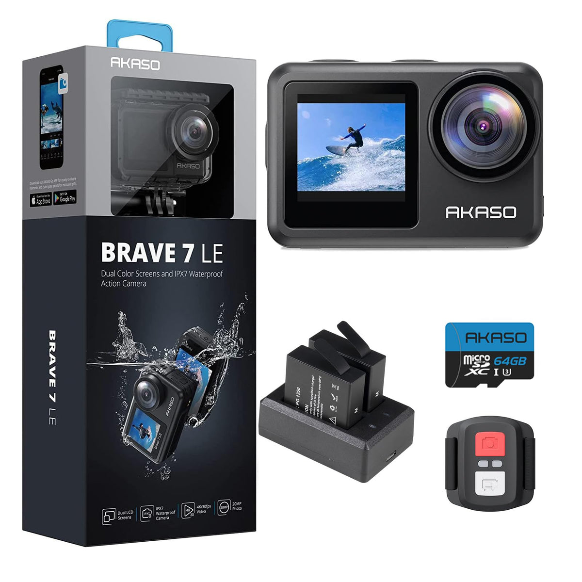 AKASO Brave 7 LE Action Camera with 64GB microSDXC Memory Card - 40M Waterproof Underwater Camera EIS 2.0 Native 4K 20MP Touch Screen WiFi Sports Camera Remote Control Vlog Camera