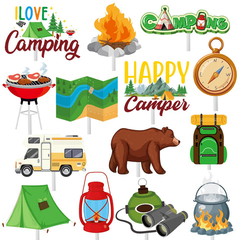 36Pcs Camping Party Cupcake Toppers Camper Themed Cupcake Toppers Sticks Happy Camper Birthday Party Cake Decorations for Adventurer Baby Shower Supplies