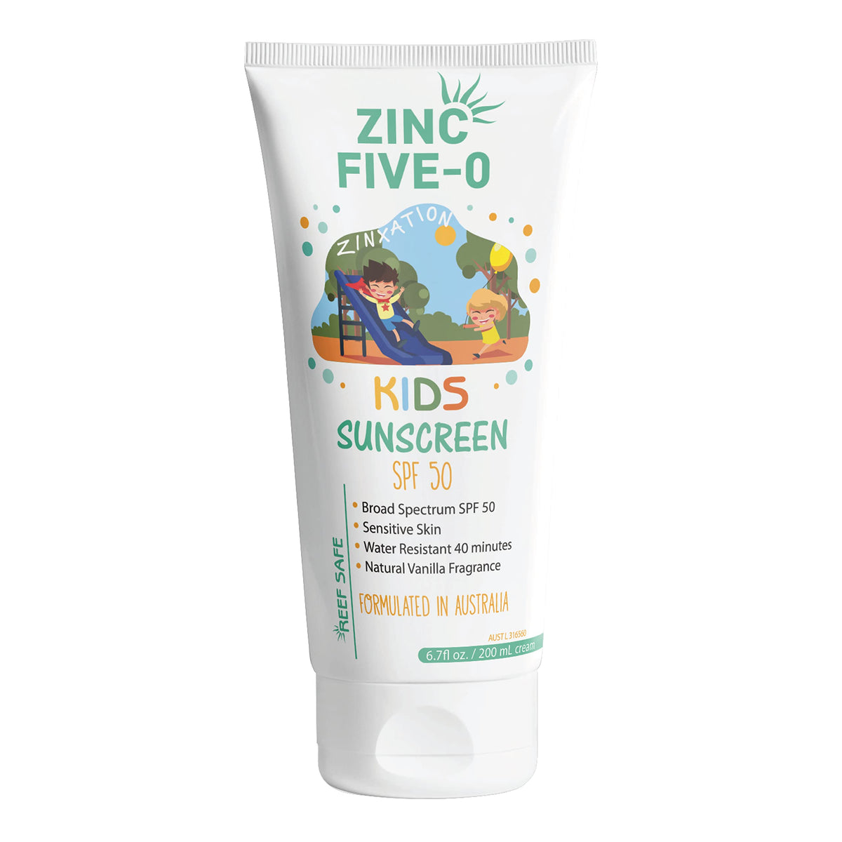 Zinc Five-0 Kids Mineral Sunscreen SPF50-98% Organic, 25% Non-Nano Zinc Oxide, Broad-Spectrum UVA/UVB Protection, Safe for Sensitive Skin, Lightweight and Easy to Apply