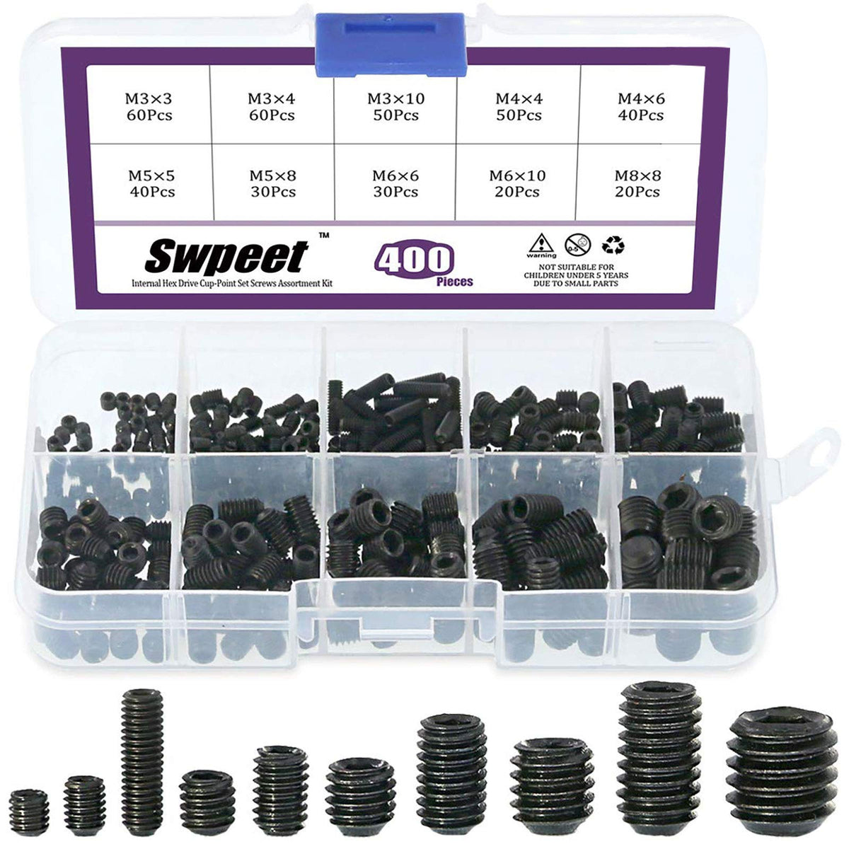Swpeet 400 Pcs Allen Head Socket Hex Grub Screw Assortment Kit, Including 10 Sizes M3/4/5/6/8 Internal Hex Drive Cup-Point Set Screws for Door Handles, Faucet, Light Fixtur