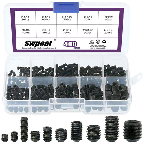 Swpeet 400 Pcs Allen Head Socket Hex Grub Screw Assortment Kit, Including 10 Sizes M3/4/5/6/8 Internal Hex Drive Cup-Point Set Screws for Door Handles, Faucet, Light Fixtur