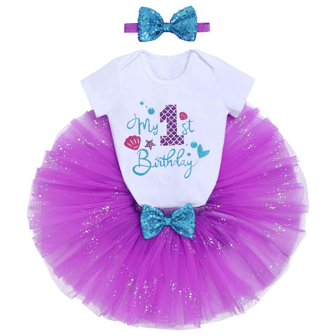 Mermaid 1st Birthday Outfit Baby Girl My First Birthday Cake Smash Photo Shoot Romper Little Mini Tutu Skirt Shiny Headband One Year Old Summer Nautical Ocean Themed Birthday Party Supplies Purple 1T