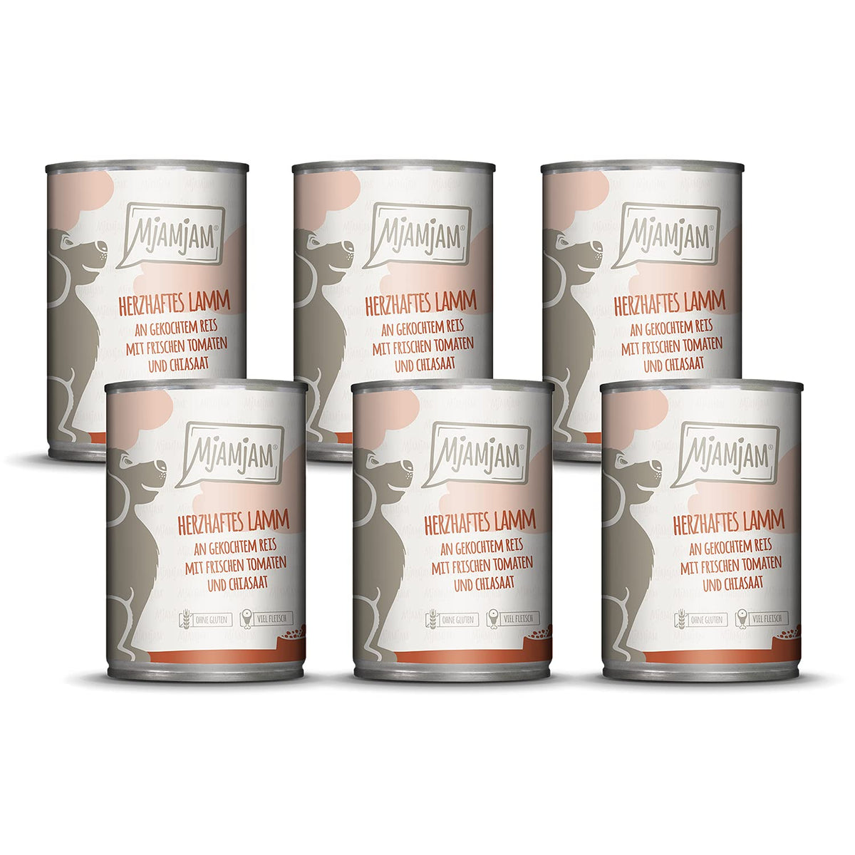 MjAMjAM - premium wet food for dogs - hearty lamb on boiled rice with fresh tomatoes, pack of 6 (6 x 400 g), natural with extra meat