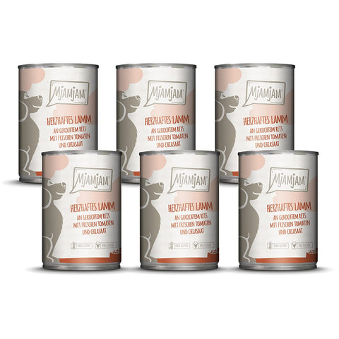 MjAMjAM - premium wet food for dogs - hearty lamb on boiled rice with fresh tomatoes, pack of 6 (6 x 400 g), natural with extra meat