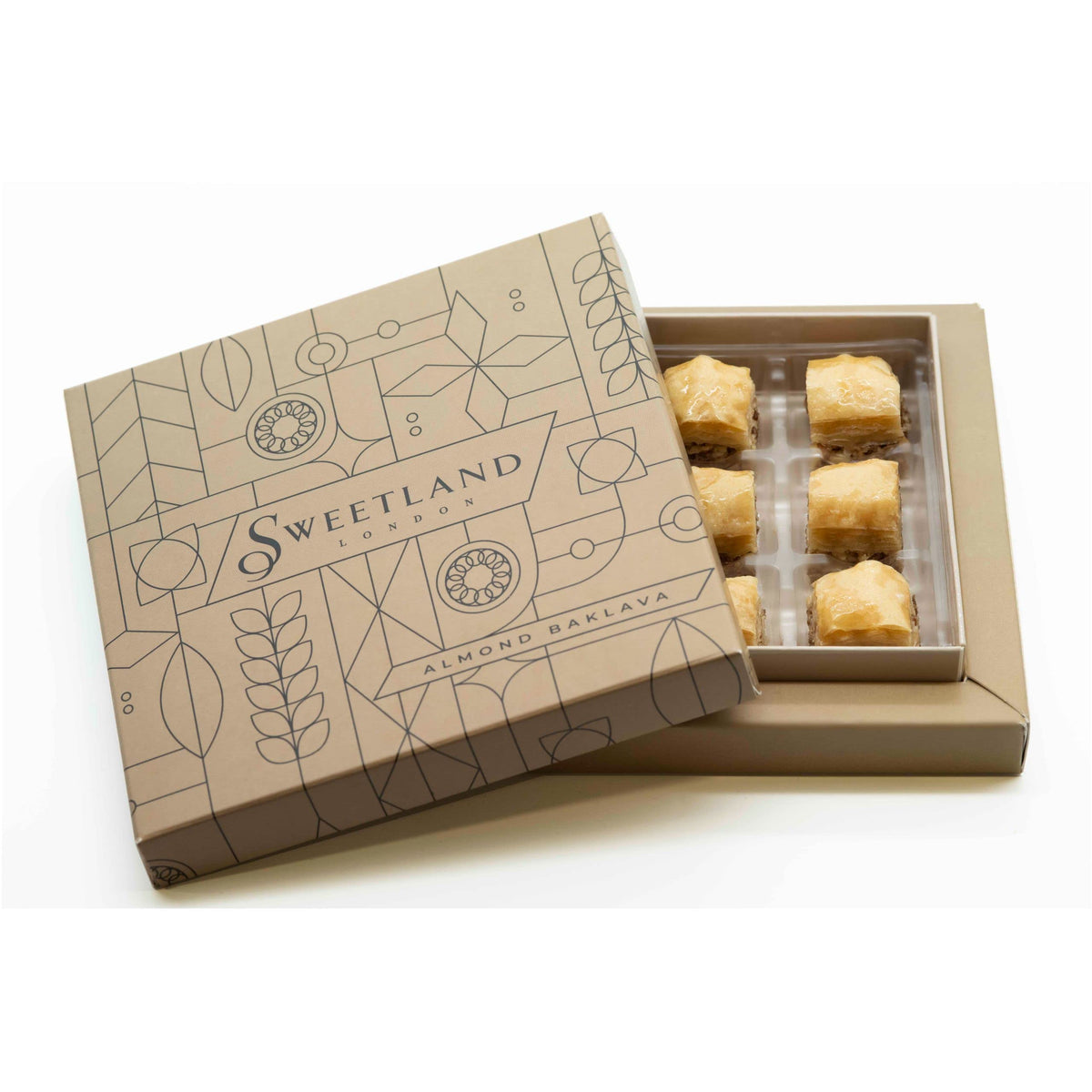 Sweetland London Almond Baklava Bite Selection - 9 Pieces | Lebanese Baklava Treat | Gift Box | Ramadan, Mother's Day, Easter, & Eid | Fresh Handmade Chocolate Dessert | UK Made | tan Colour Box