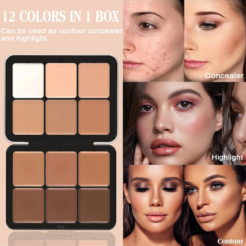 Joyeee 12 Colors Cream Contour Palette, Long-Wearing Full Coverage Contour Foundation Concealer Palettes + 11 Pcs Bamboo Makeup Brushes, Face Make Up Gift for Women Girls