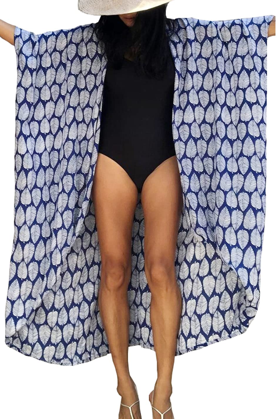YouKD Bohemian Kimono Long Sleeve Cardigan Beach Swimsuit Cover Up Maxi Dress for Women B Blue