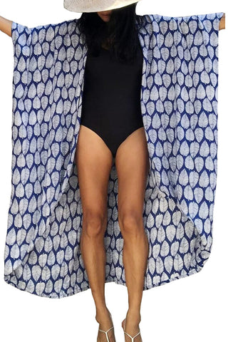 YouKD Bohemian Kimono Long Sleeve Cardigan Beach Swimsuit Cover Up Maxi Dress for Women B Blue