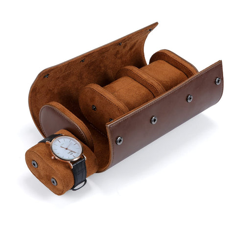 BAIGIO Watch Box 3 Slots Watch Roll Leather Watch Travel Case Cylindrical Watch Transport Box for Men and Women Leather Watch Storage Box Organizer Watch Bag Ladies (Brown)