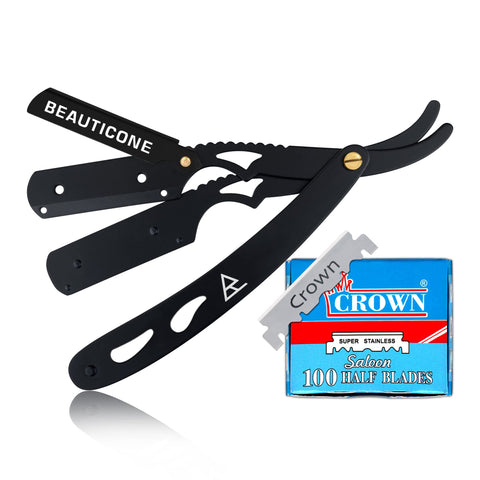 BEAUTICONE Straight Razor for Men, Professional Barber Razor with 100 Single Edge Blades, Straight Edge Single Blade Razors for Men, (Black & Gray With Leaf Handle)