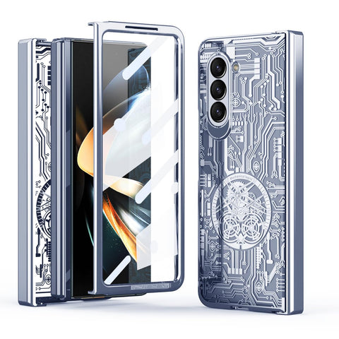 XIMAND for Samsung Galaxy Z Fold 5 Case with Mechanical Legend Pattern, Front Screen Protector - Sleek Design, Holographic Texture, Plating Folding Completely 360 Full Protection.(Blue)