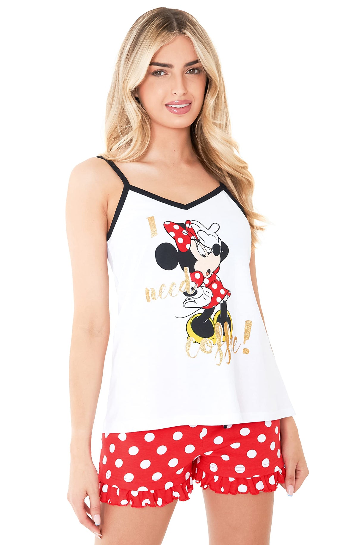 Disney Stitch Womens Pyjamas Vest Short PJs for Women Sets Sleeping Beauty Minnie Mouse Teenager 2 Piece Sizes S-XL Nightwear Loungewear Stitch Gifts (White/Red Minnie, L)