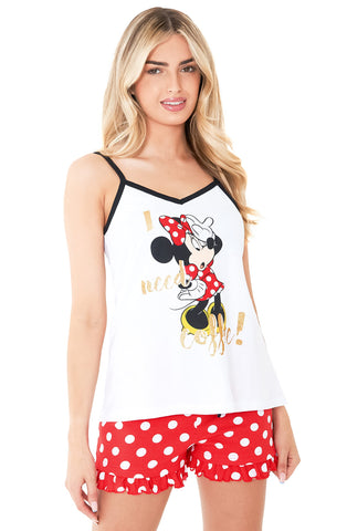 Disney Stitch Womens Pyjamas Vest Short PJs for Women Sets Sleeping Beauty Minnie Mouse Teenager 2 Piece Sizes S-XL Nightwear Loungewear Stitch Gifts (White/Red Minnie, L)