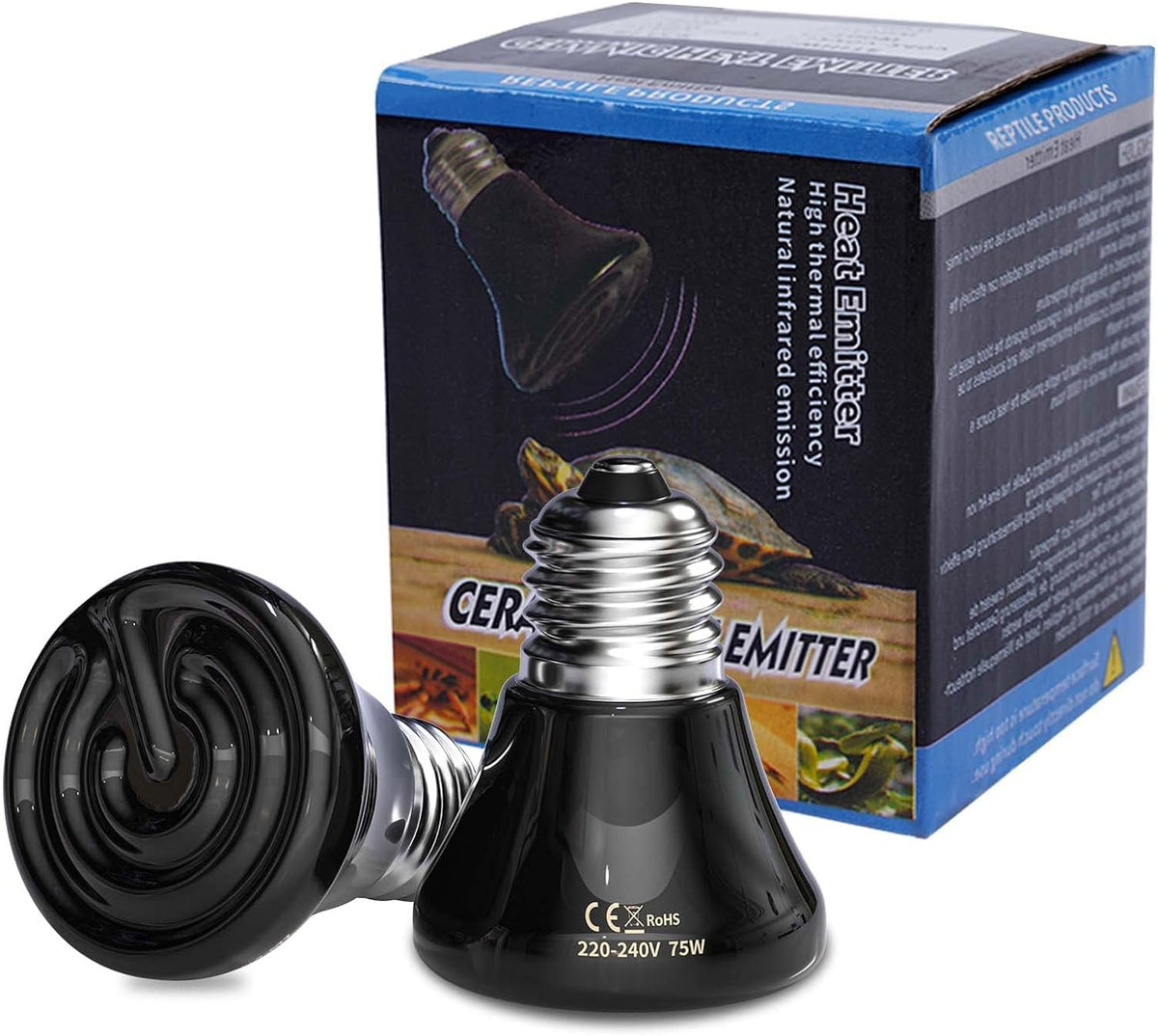 Bonlux 75W Reptile Heat Lamp Bulb,E27 Black Ceramic Heat Bulb,No Light Ceramic Heat Emitter, Ceramic Heat Lamp for Tortoise, Bearded Dragon, Lizard, Chicks, Puppies, Aquarium-2Pack