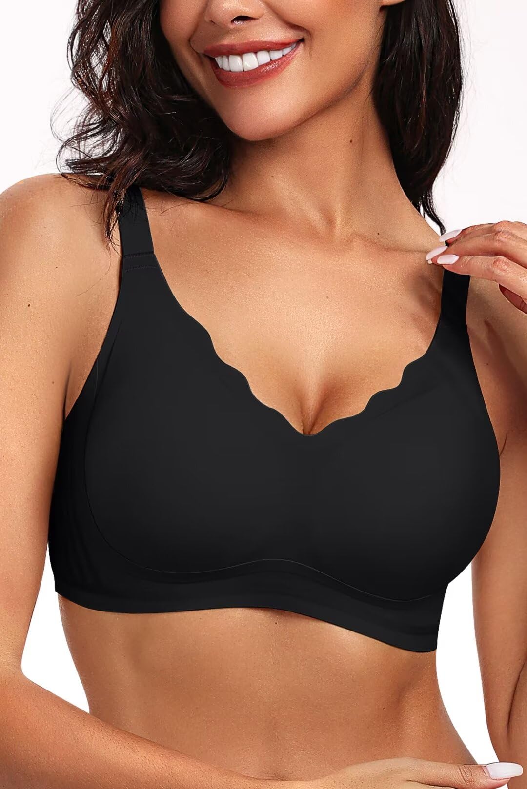 Vertvie Women's Seamless Bras No Underwire Scalloped Push Up Bras Soft Wireless Comfort Bralettes Full Coverage Everyday Bra (Black,Small)