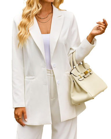 luvamia 2024 Blazers for Women Business Casual Long Blazer Jackets Dressy Work Professional Office Outfits Lapel Pockets Business Casual Outfits for Women Brilliant White Size Large Size 12 Size 14