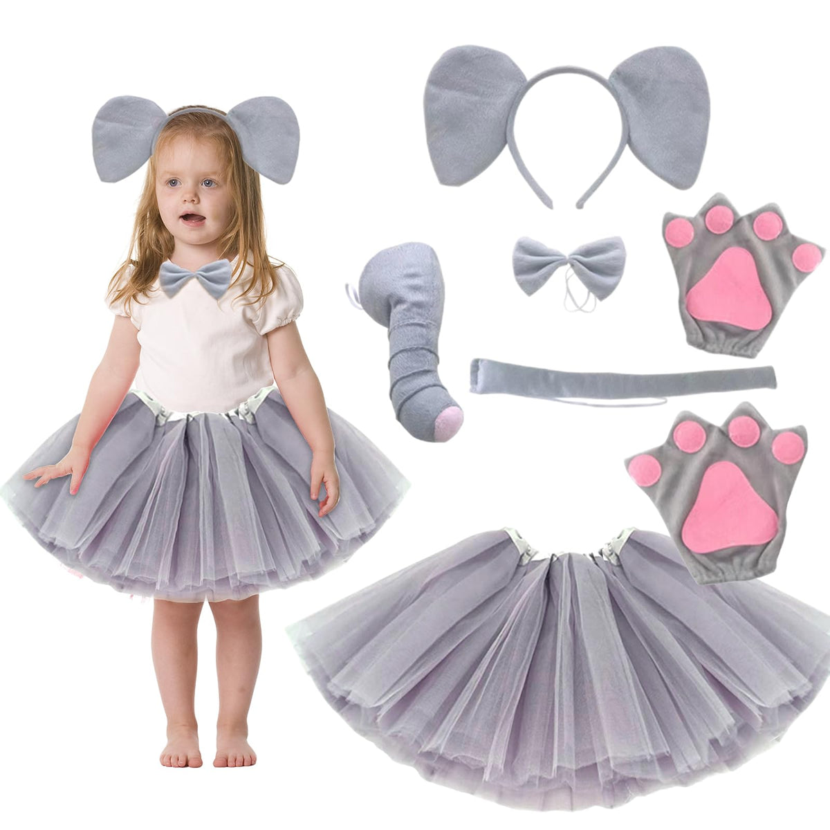 Age 3-8 Animal Costume Kids, Carnival Costumes For Girls, Halloween Costumes For Children, Tutu Skirt Fancy Dress Outfits Accessories Set Ear Headband For Role Play Cosplay Dress Up Party (Elephant)
