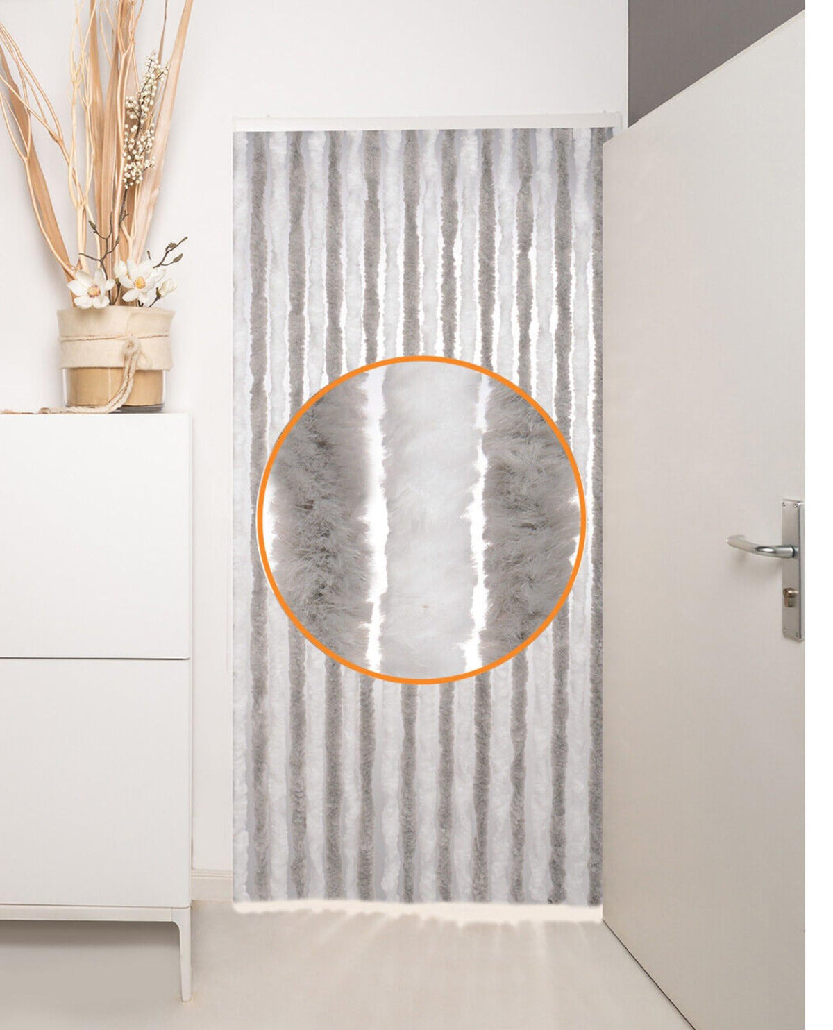 defacto Fleece Door Curtain 100 x 200 cm Chenille Curtain Mosquito Net Insect Net Camping 100% Made in Italy Grey/White