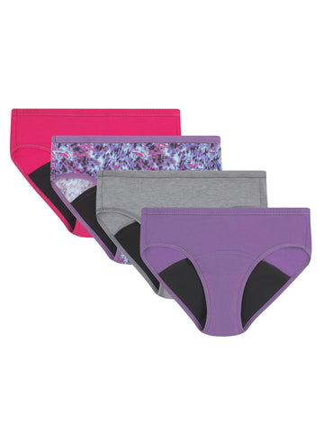 Hanes Girls' Comfort Underwear, Boyshort Period Panties, Moderate Protection, 4-Pack, Hipster-Multi-4 Pack, 12