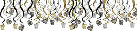 Amscan Rocking New Year Party Hanging Swirl Decorations, Black/Gold/Silver, Foil, Pack of 30 Party Supplies
