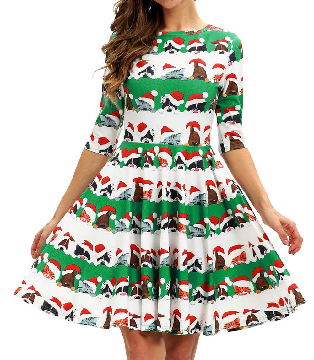 GLUDEAR Xmas Print Pleated Skater Swing Dress for Christmas Party Costume,Funny Xmas Animals,L/XL